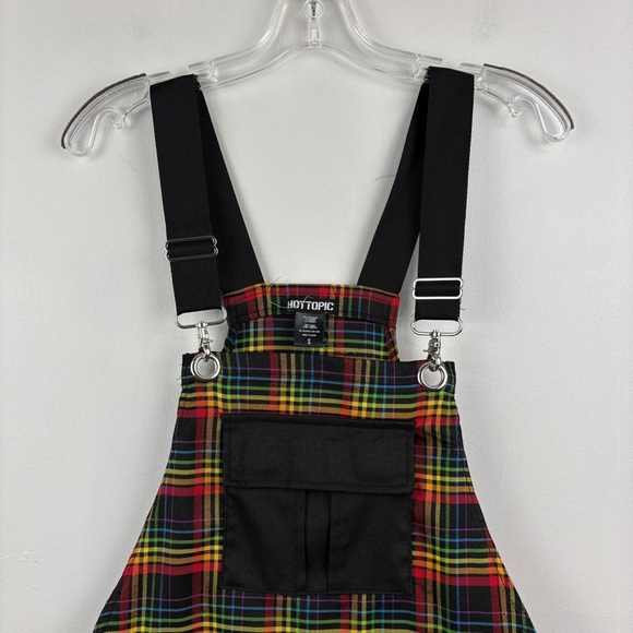 Hot Topic Rainbow Grid Colorful Plaid Utility Shortall Overalls - Picture 3 of 9